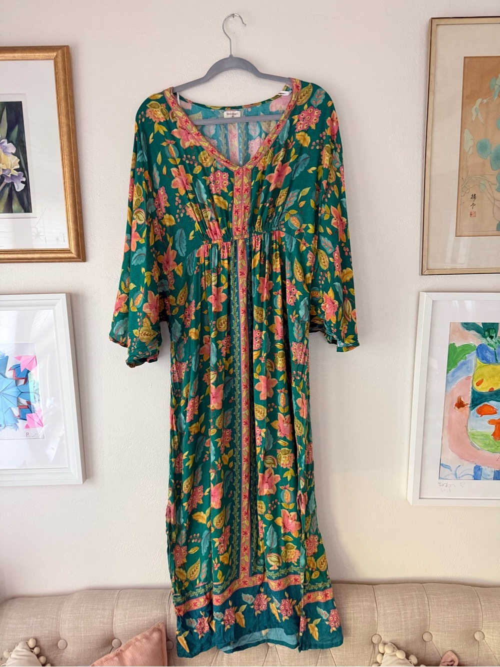 Green Floral Maxi Dress Caftan with Pink & Yellow Accents